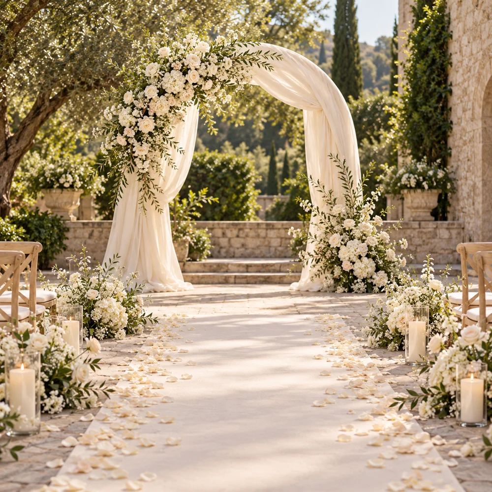 Ivory floral wedding arch and petal-lined ceremony aisle
