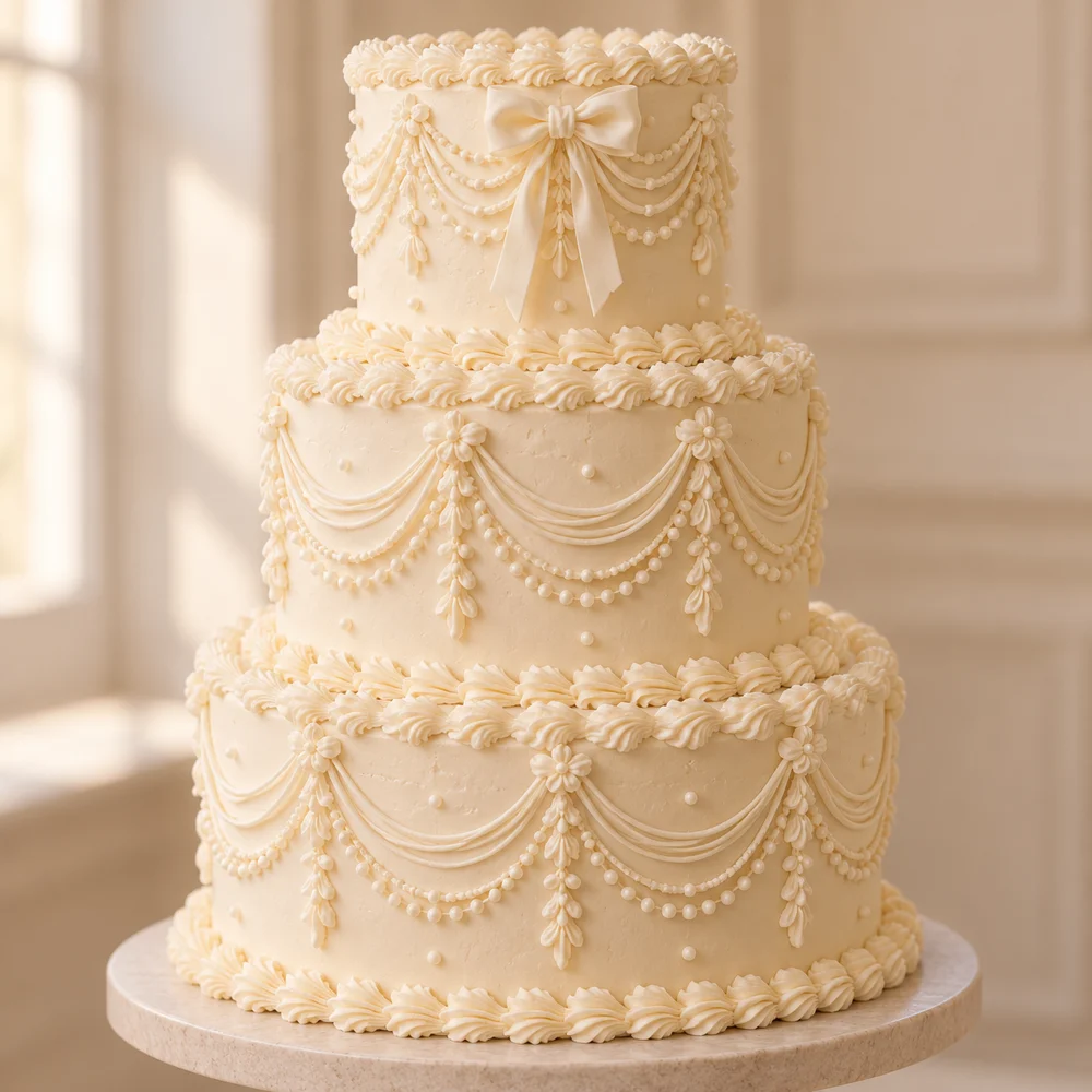Close-up of an ivory wedding cake with intricate buttercream piping
