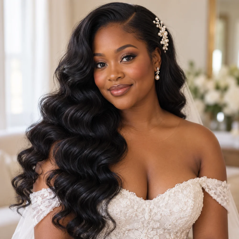 Black bride with sculpted waves and pearl bridal accessories